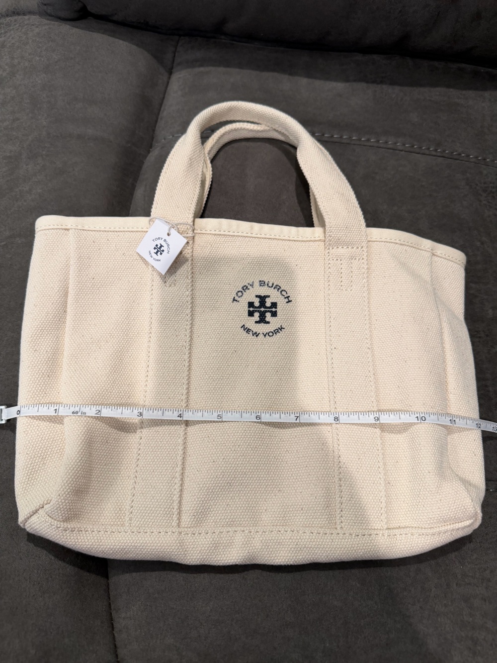 New Tory Burch Cream Canvas Duffel Tote with Navy Logo 12inch by 8inch